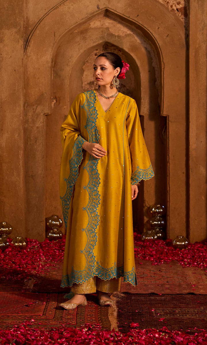Dua Set- Mustard chanderi embroidered A-line kurta with pants and dupatta (set of 3)