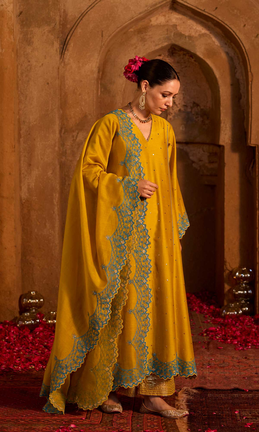 Dua Set- Mustard chanderi embroidered A-line kurta with pants and dupatta (set of 3)