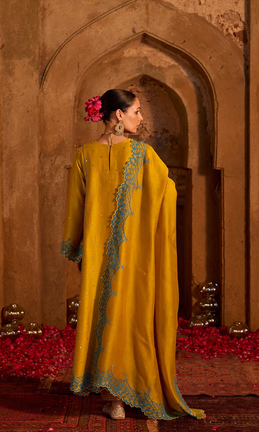 Dua Set- Mustard chanderi embroidered A-line kurta with pants and dupatta (set of 3)