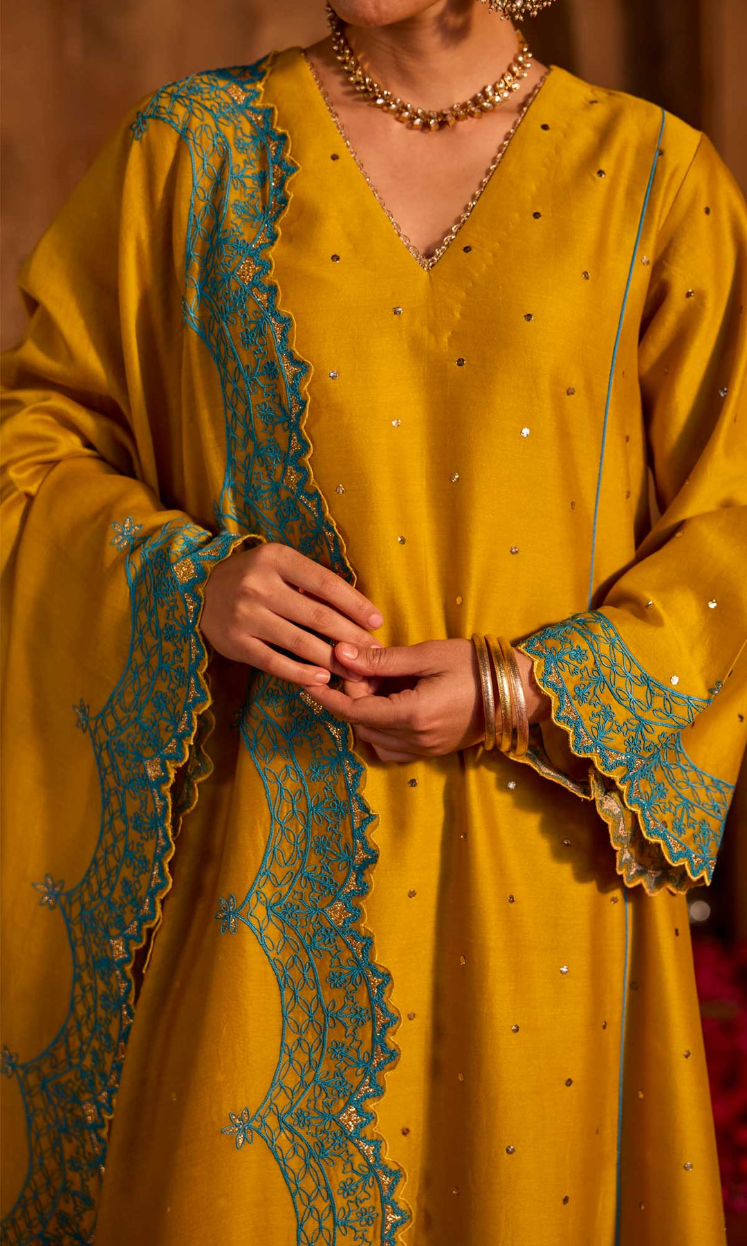 Dua Set- Mustard chanderi embroidered A-line kurta with pants and dupatta (set of 3)
