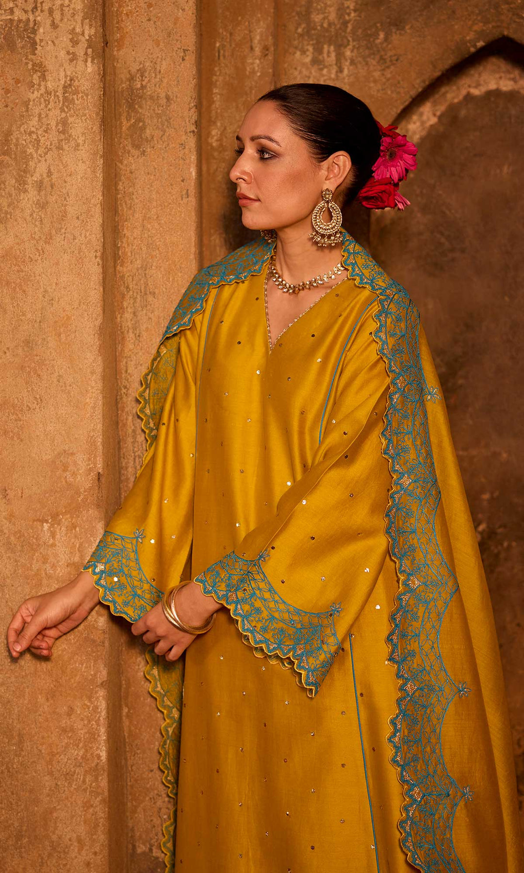 Dua Set- Mustard chanderi embroidered A-line kurta with pants and dupatta (set of 3)