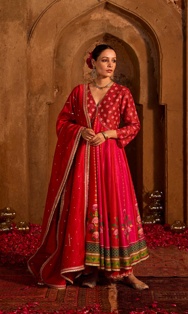 Nimrah Set- Shades of Grey chanderi embroidered anarkali with pants and dupatta (set of 3)
