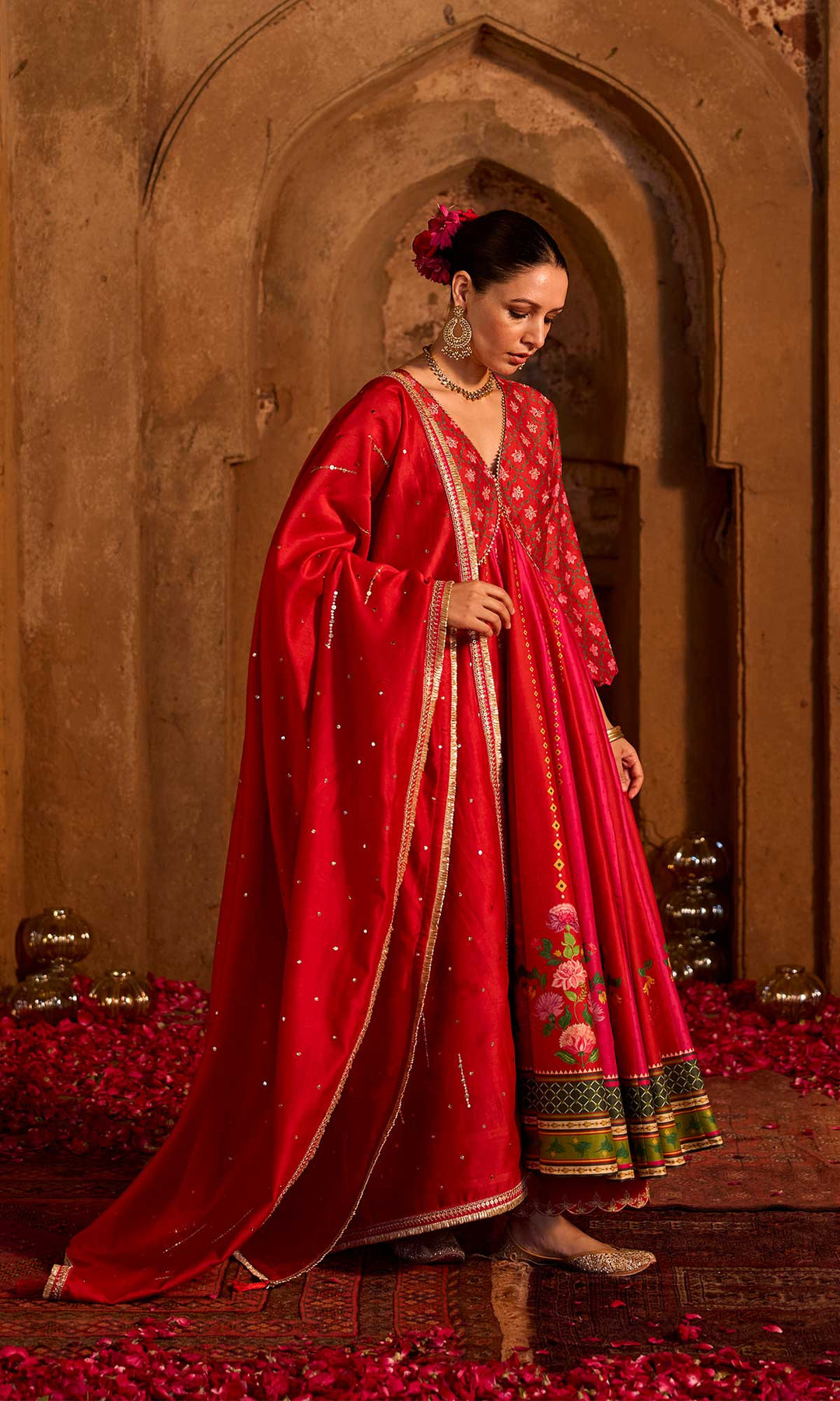 Nimrah Set- Shades of Grey chanderi embroidered anarkali with pants and dupatta (set of 3)