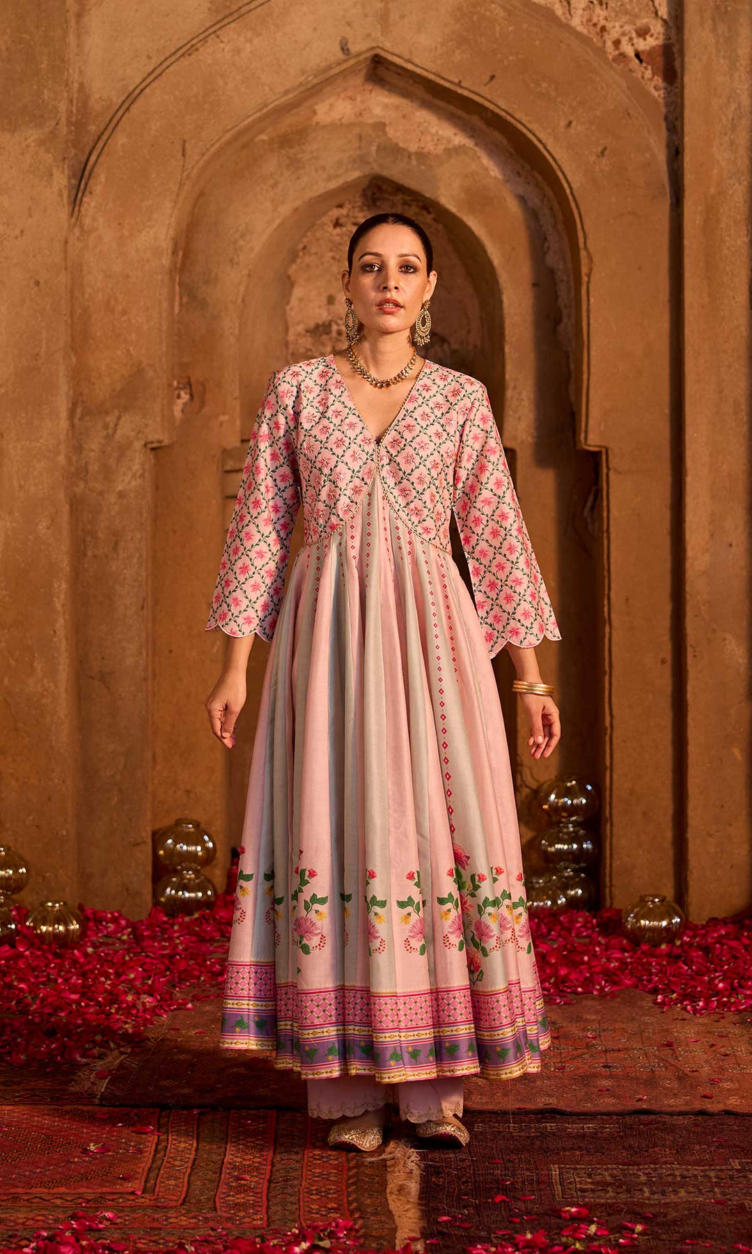 Nimrah Set- Shades of Grey chanderi embroidered anarkali with pants and dupatta (set of 3)