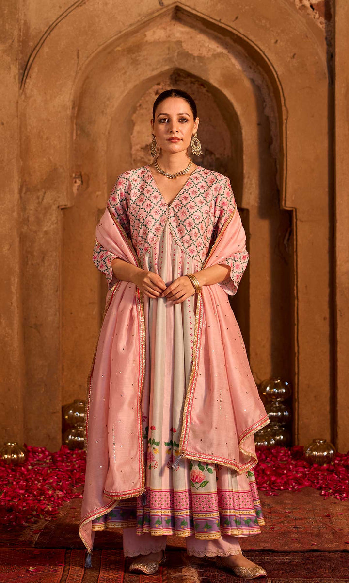 Nimrah Set- Shades of Grey chanderi embroidered anarkali with pants and dupatta (set of 3)