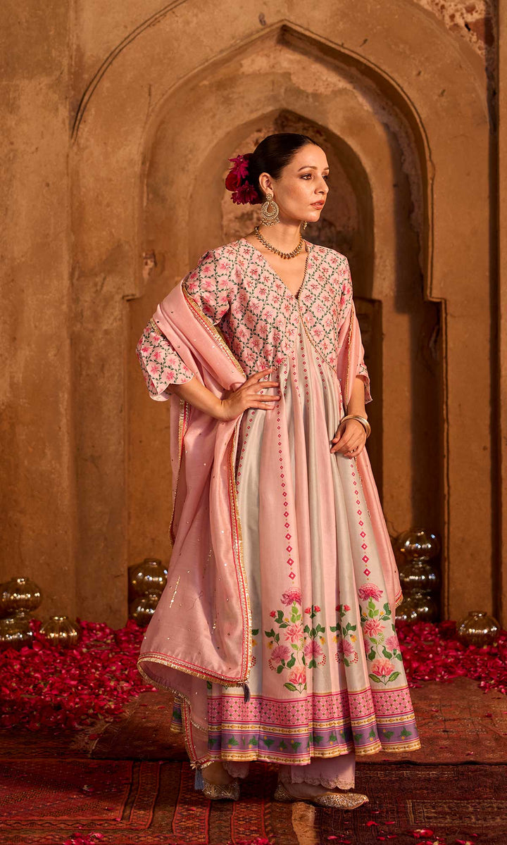 Nimrah Set- Shades of Grey chanderi embroidered anarkali with pants and dupatta (set of 3)