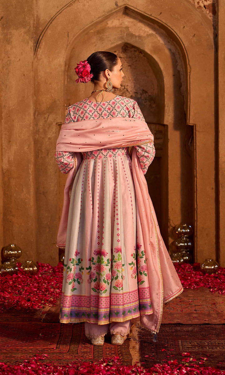 Nimrah Set- Shades of Grey chanderi embroidered anarkali with pants and dupatta (set of 3)