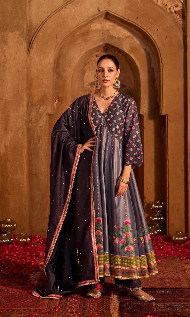 Nimrah Set- Shades of Grey chanderi embroidered anarkali with pants and dupatta (set of 3)
