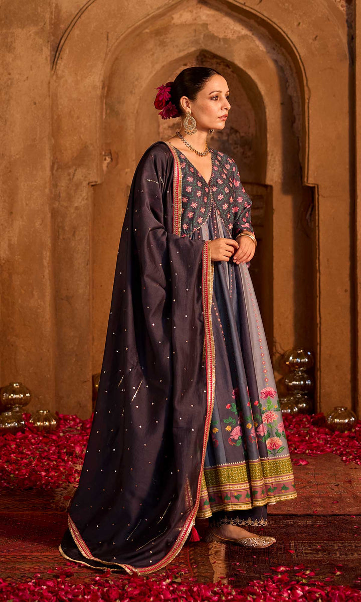 Nimrah Set- Shades of Grey chanderi embroidered anarkali with pants and dupatta (set of 3)