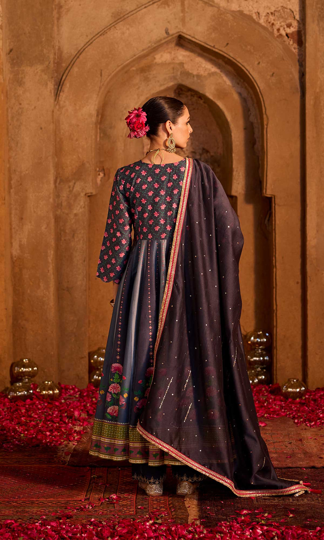 Nimrah Set- Shades of Grey chanderi embroidered anarkali with pants and dupatta (set of 3)