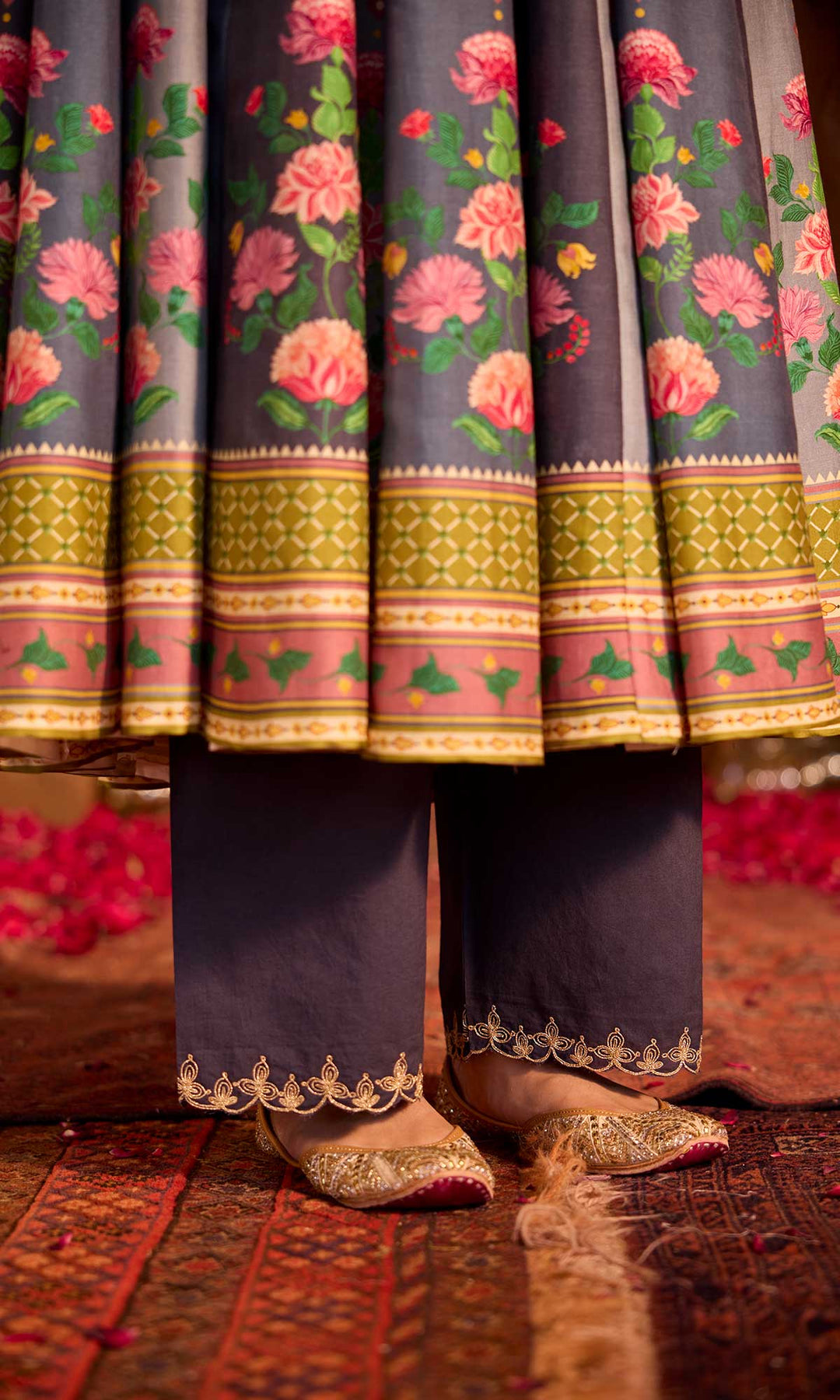 Nimrah Set- Shades of Grey chanderi embroidered anarkali with pants and dupatta (set of 3)