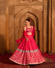 Aabidah- Pink hand embroidered chanderi lehenga with blouse and organza dupatta (set of 3)