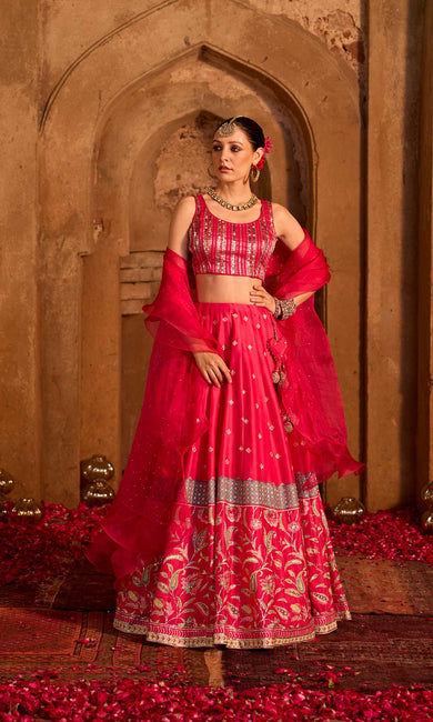 Aabidah- Pink hand embroidered chanderi lehenga with blouse and organza dupatta (set of 3)