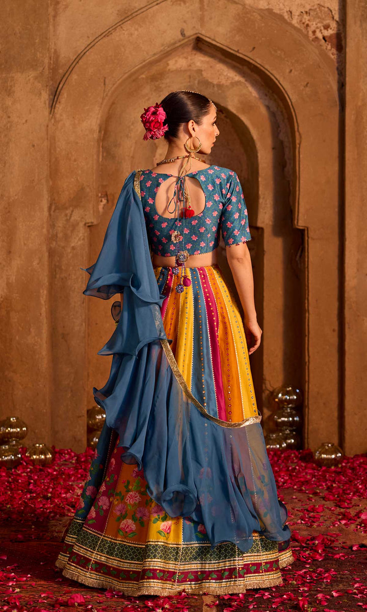 Mehrooz- Multi coloured hand embroidered chanderi lehenga with blouse and georgette dupatta (set of 3)