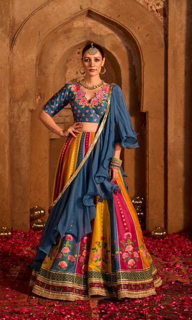 Mehrooz- Multi coloured hand embroidered chanderi lehenga with blouse and georgette dupatta (set of 3)