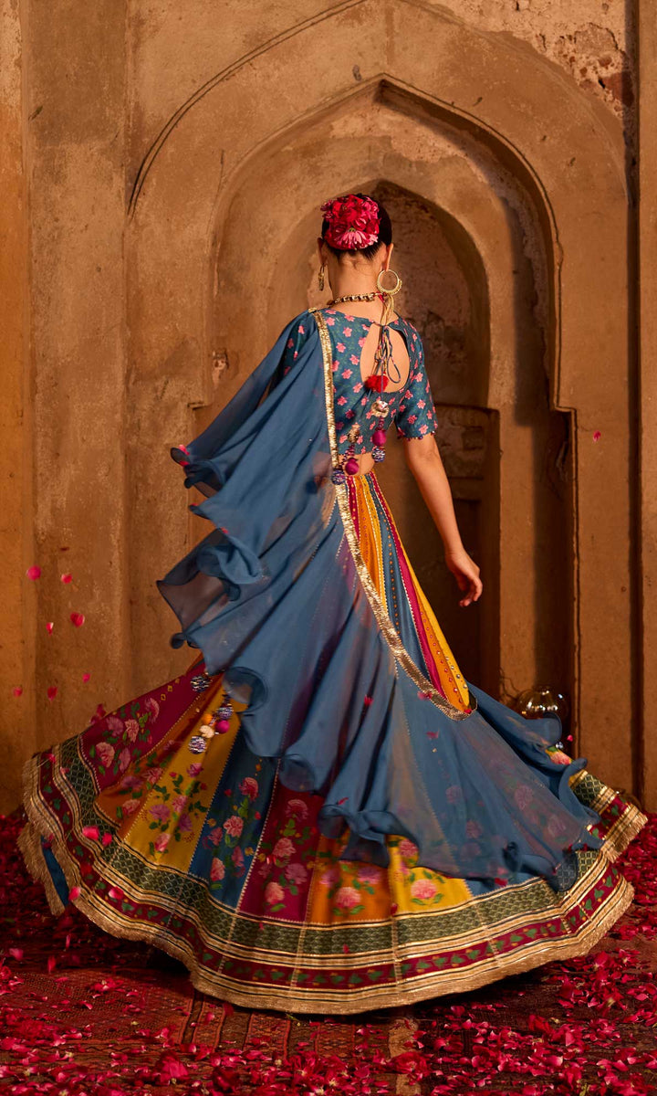 Mehrooz- Multi coloured hand embroidered chanderi lehenga with blouse and georgette dupatta (set of 3)