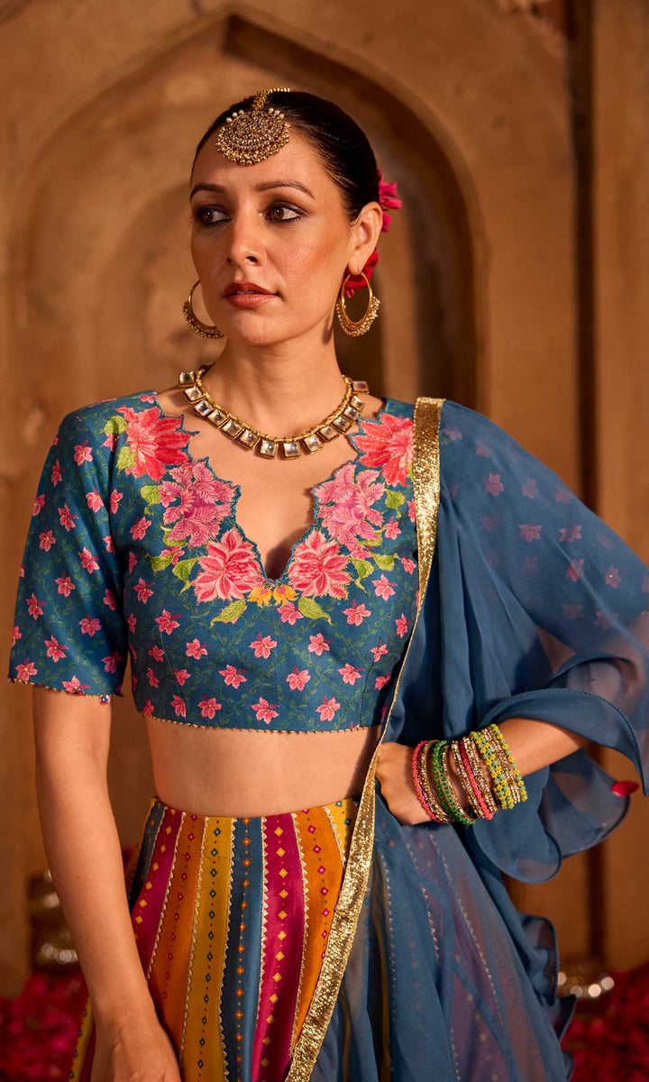 Mehrooz- Multi coloured hand embroidered chanderi lehenga with blouse and georgette dupatta (set of 3)