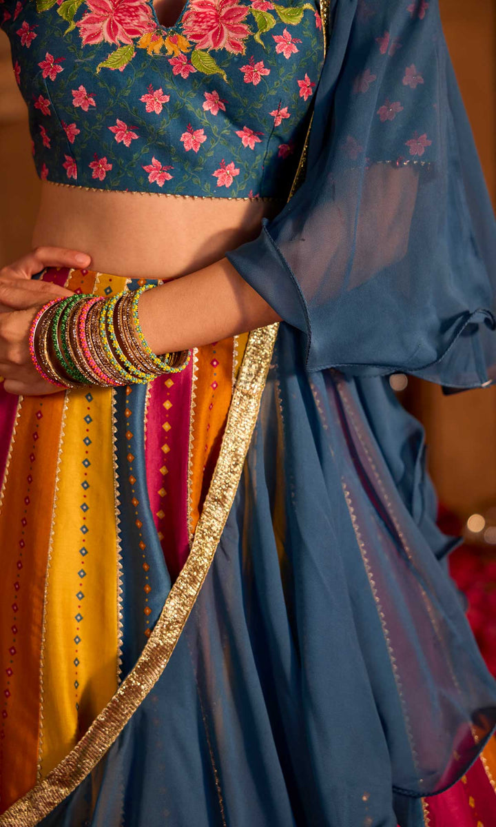Mehrooz- Multi coloured hand embroidered chanderi lehenga with blouse and georgette dupatta (set of 3)