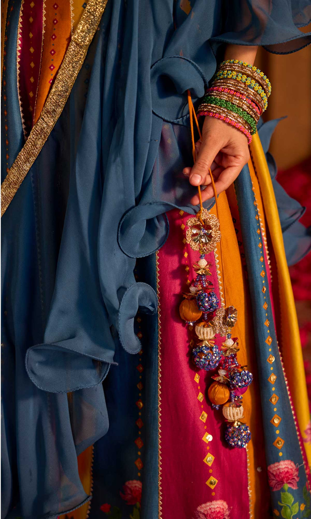 Mehrooz- Multi coloured hand embroidered chanderi lehenga with blouse and georgette dupatta (set of 3)