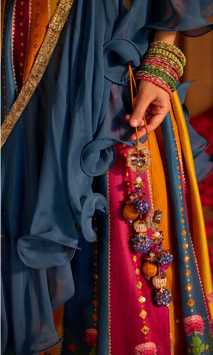 Mehrooz- Multi coloured hand embroidered chanderi lehenga with blouse and georgette dupatta (set of 3)