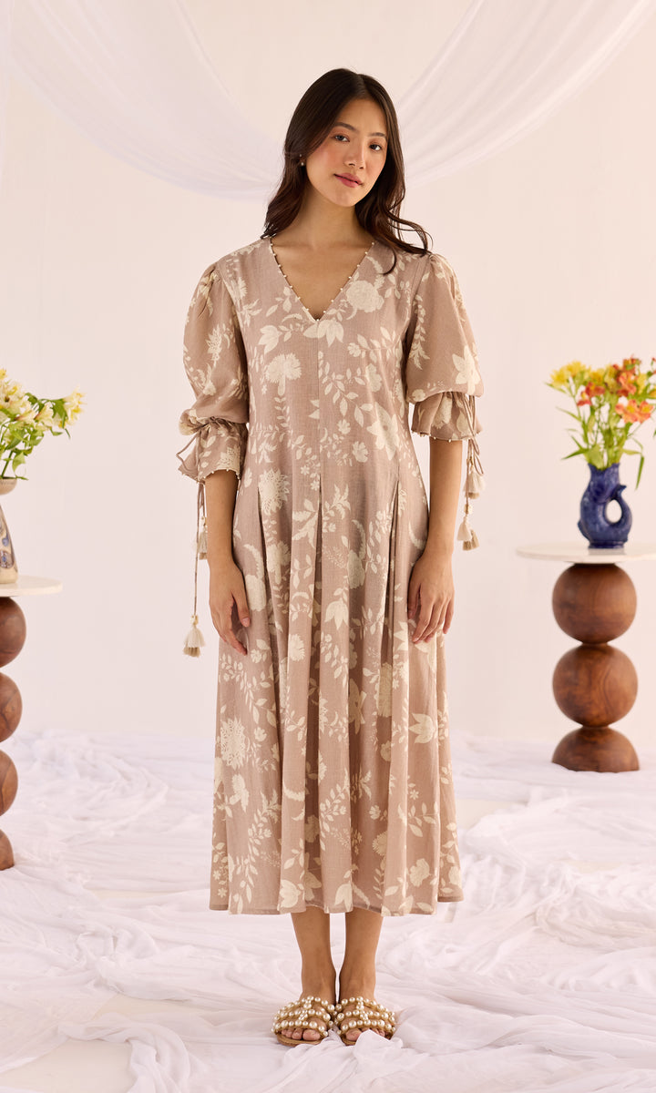 Mia- Digitally printed linen dress with puff sleeves