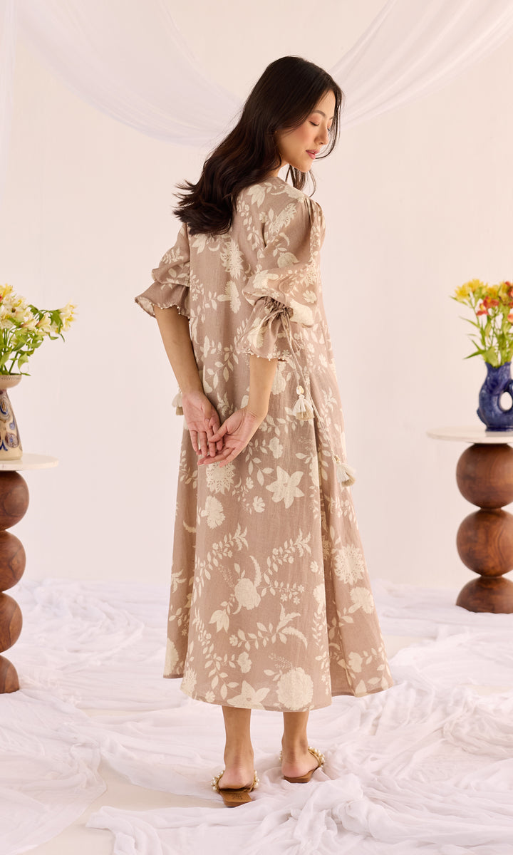 Mia- Digitally printed linen dress with puff sleeves