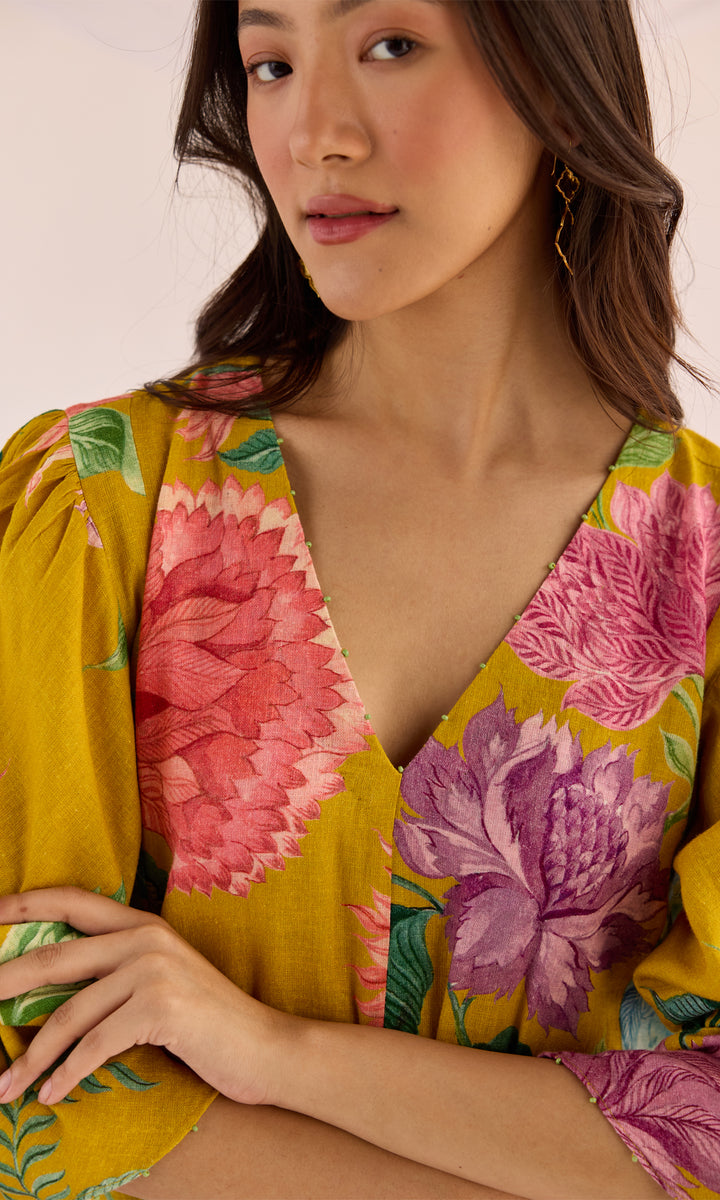 Mia- Digitally printed linen dress with puff sleeves