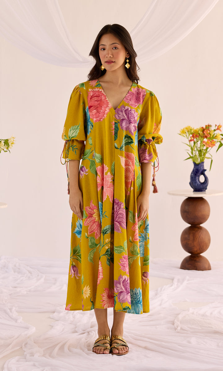 Mia- Digitally printed linen dress with puff sleeves