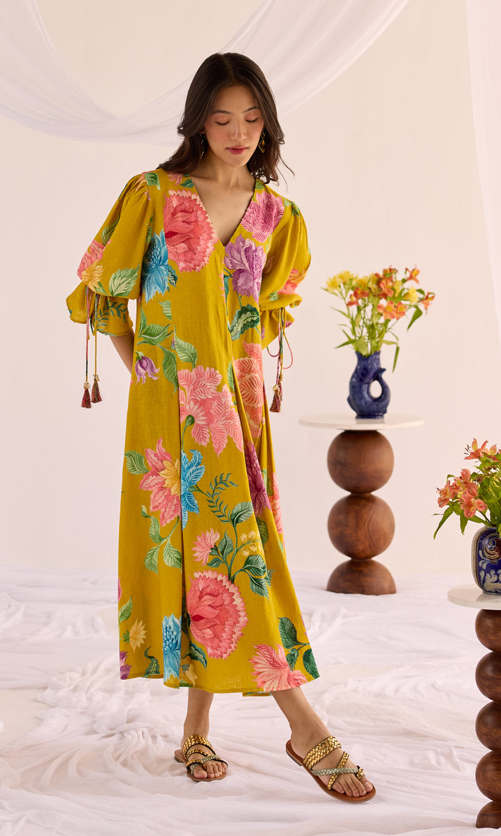Mia- Digitally printed linen dress with puff sleeves