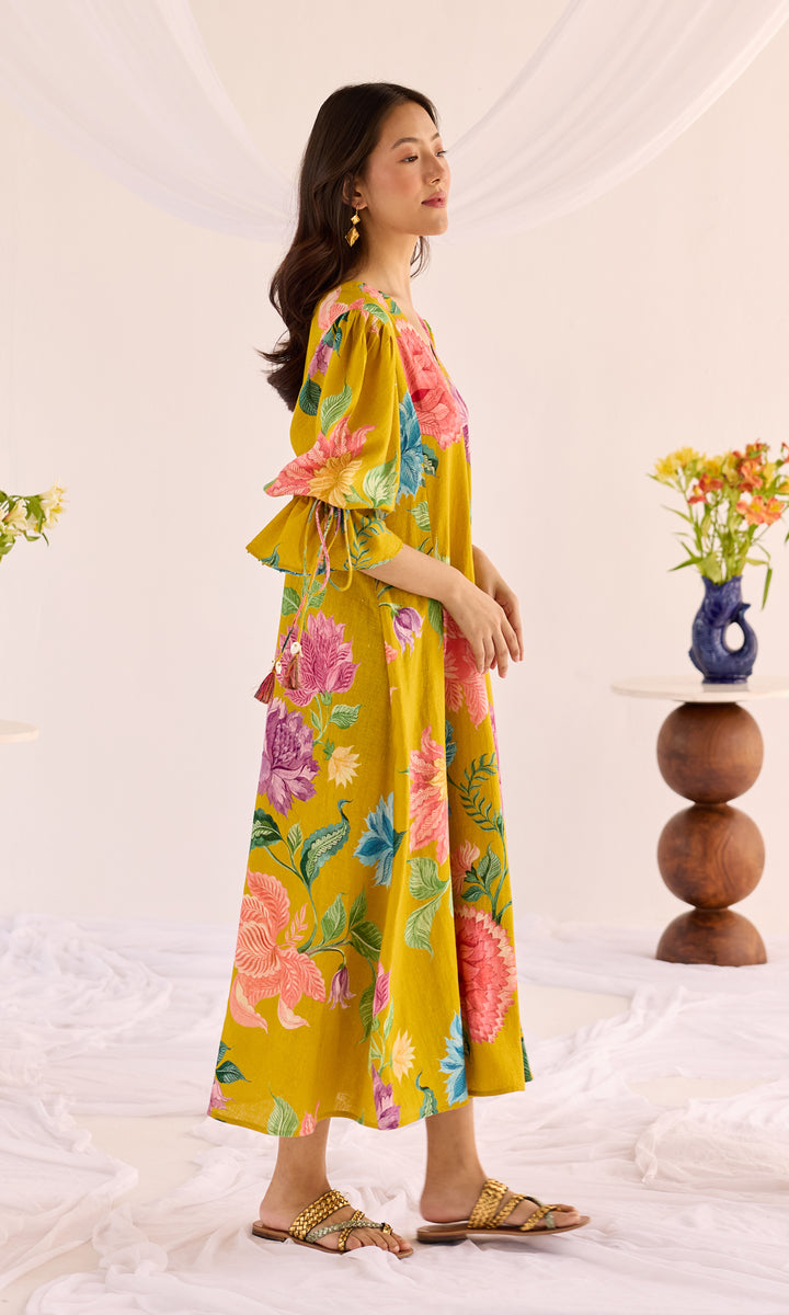 Mia- Digitally printed linen dress with puff sleeves