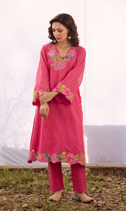 Nilofer Set- Pink Patchwork Benarsi stripe straight kurta set (set of 3)