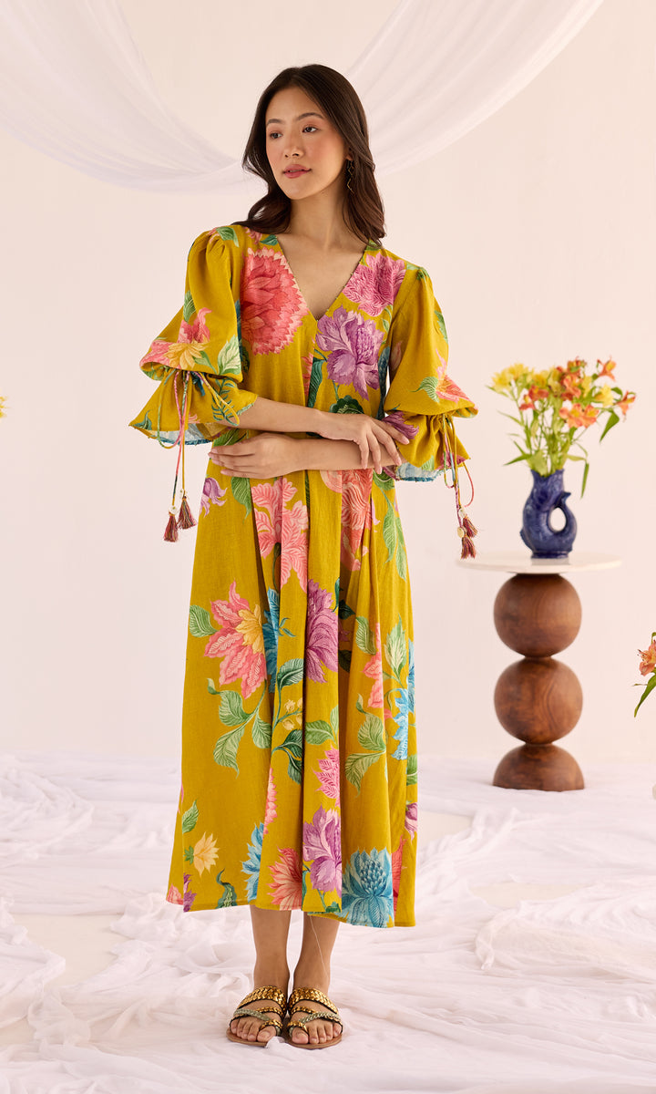 Mia- Digitally printed linen dress with puff sleeves