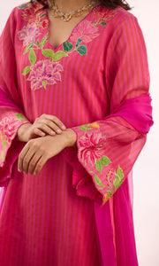 Nilofer Set- Pink Patchwork Benarsi stripe straight kurta set (set of 3)