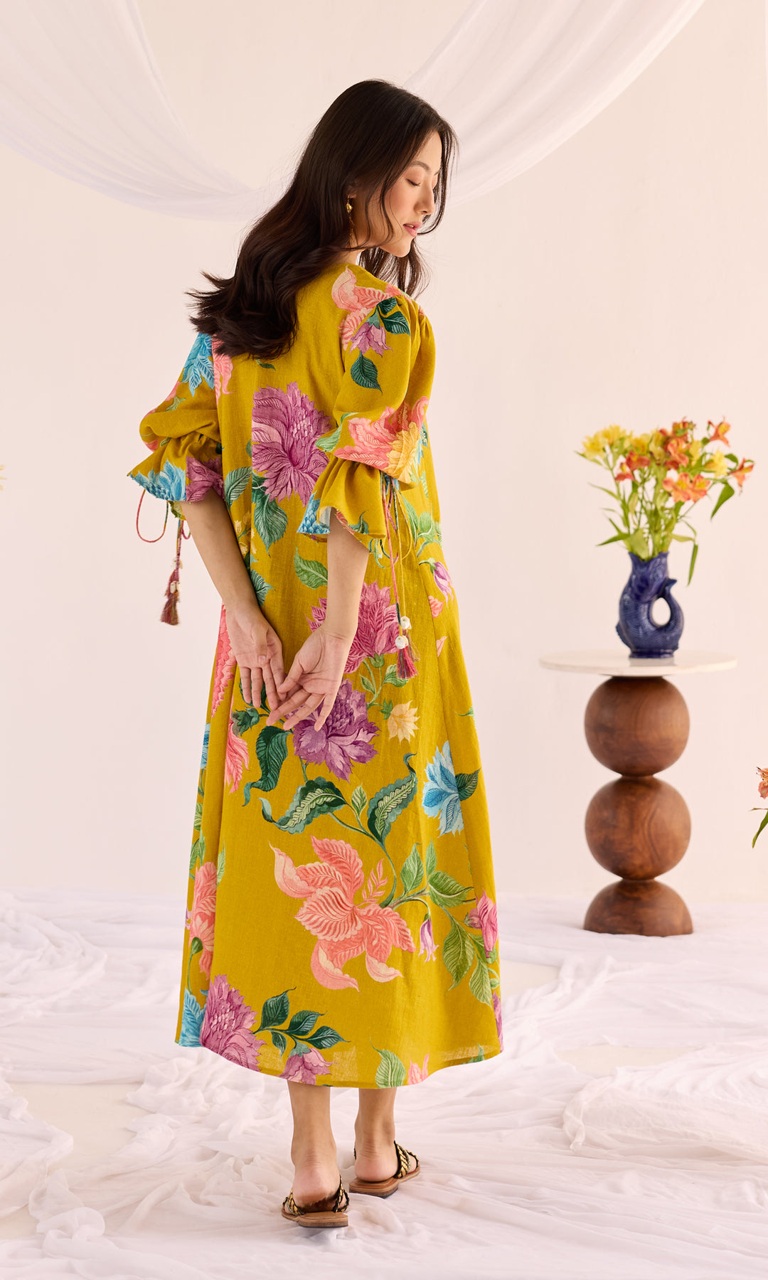 Mia- Digitally printed linen dress with puff sleeves