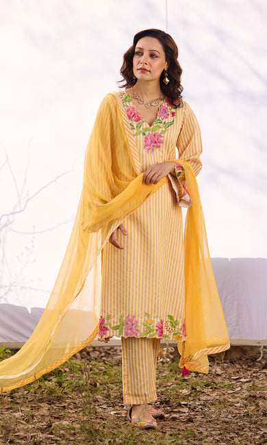 Nilofer Set- Yellow Patchwork Benarsi stripe straight kurta set (set of 3)