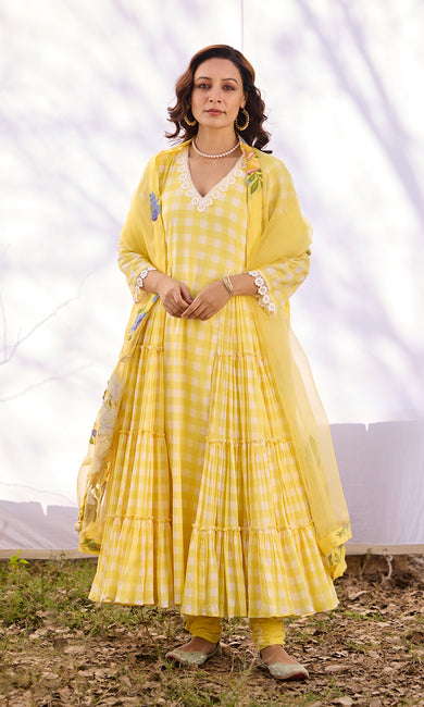 Sahara Set- Yellow mulmul digital anarkali with chanderi patchwork dupatta set (set of 3)