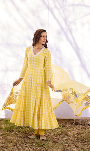 Sahara Set- Yellow mulmul digital anarkali with chanderi patchwork dupatta set (set of 3)