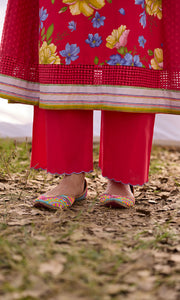 Aafreeda Set- Red chanderi embroidered choga set (set of 3)