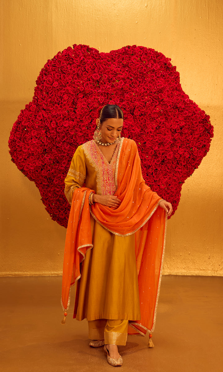 Sahiba Set- Mustard Chanderi Embroidered A-Line Kurta with Pants and Dupatta (Set of 3)