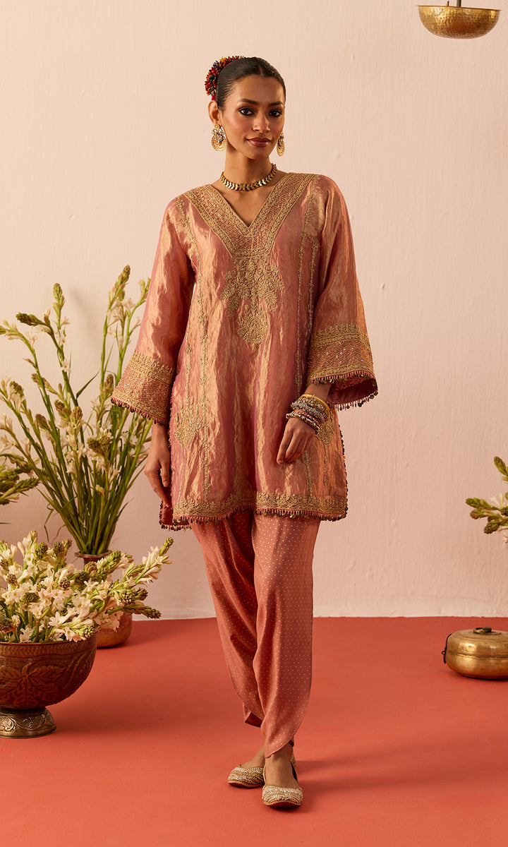 Shireen Set- Dusky Peach Tissue Kurta with a Dhoti and Dupatta (set of 3)