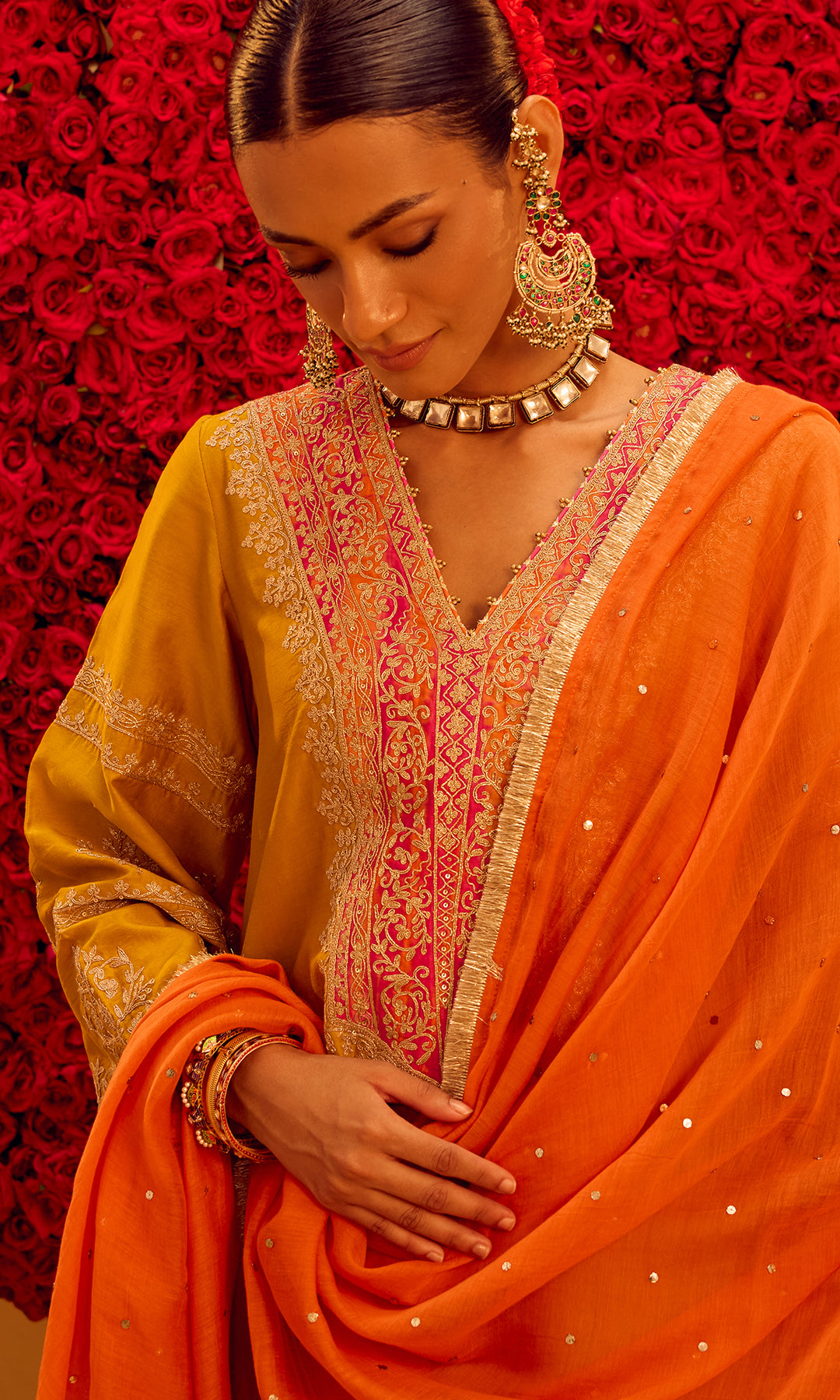 Sahiba Set- Mustard Chanderi Embroidered A-Line Kurta with Pants and Dupatta (Set of 3)