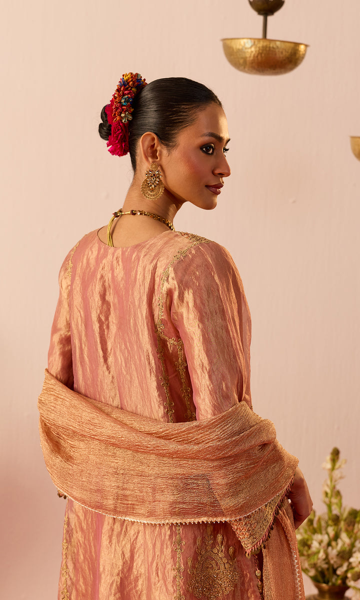 Shireen Set- Dusky Peach Tissue Kurta with a Dhoti and Dupatta (set of 3)