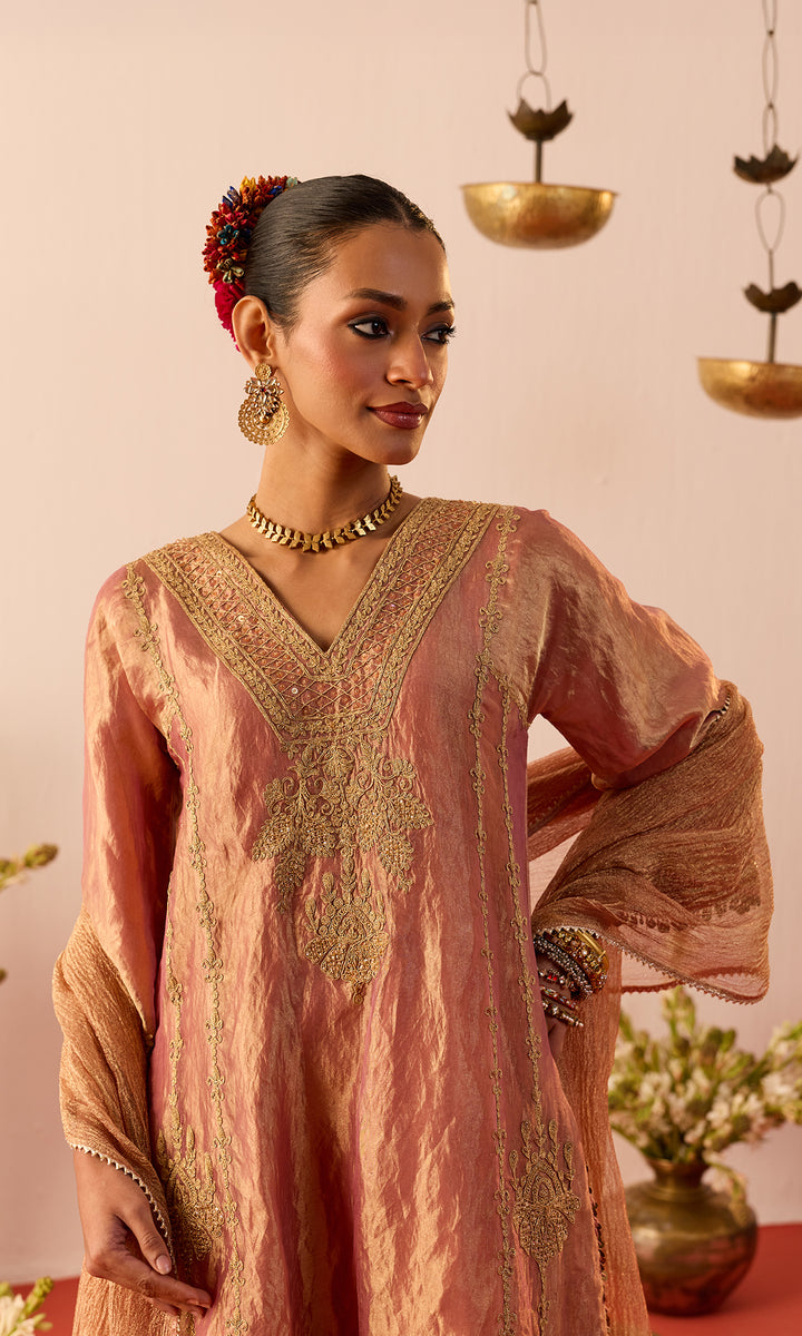 Shireen Set- Dusky Peach Tissue Kurta with a Dhoti and Dupatta (set of 3)