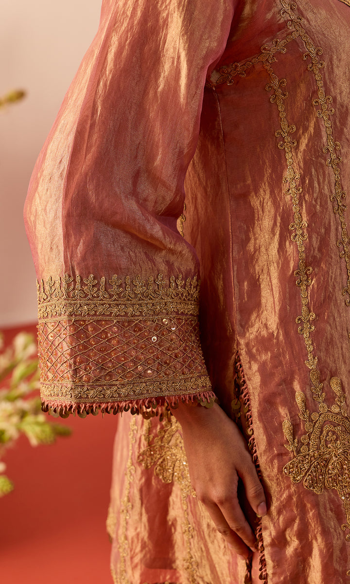 Shireen Set- Dusky Peach Tissue Kurta with a Dhoti and Dupatta (set of 3)