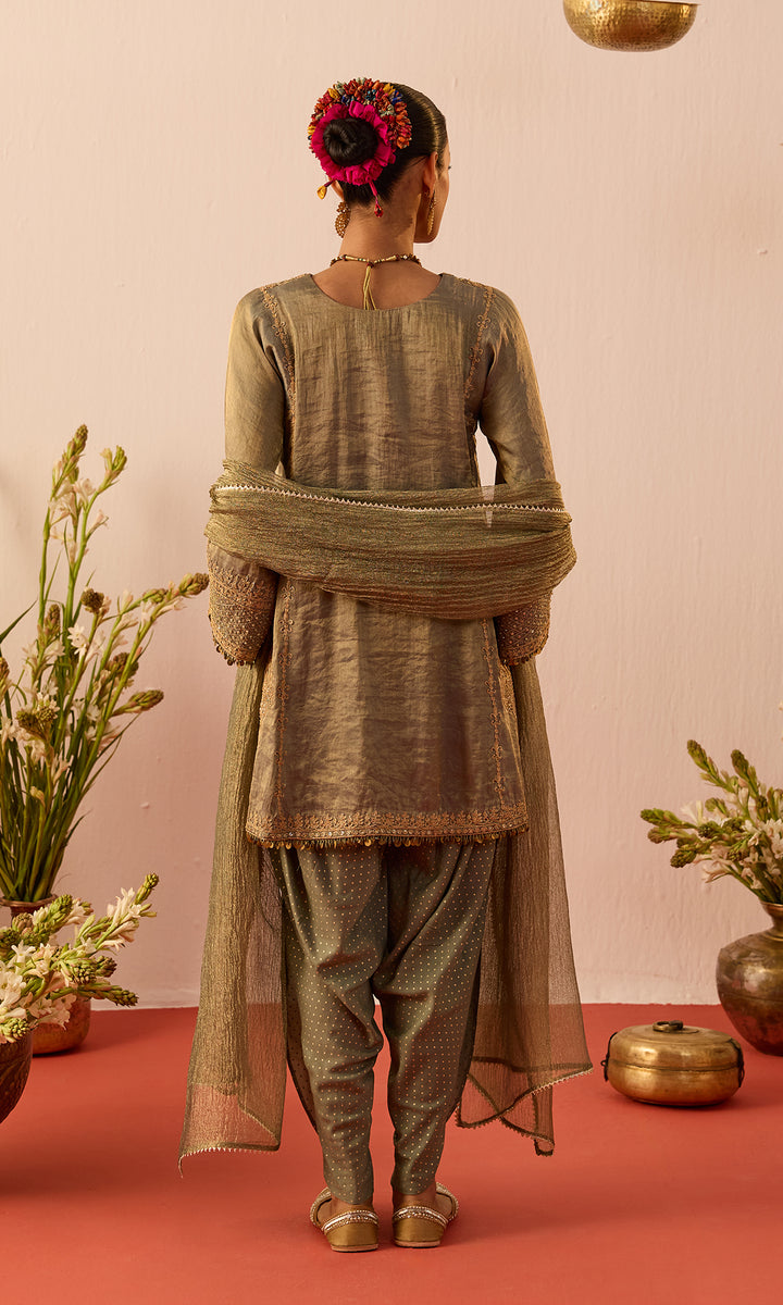 Shireen Set- Dusky Peach Tissue Kurta with a Dhoti and Dupatta (set of 3)