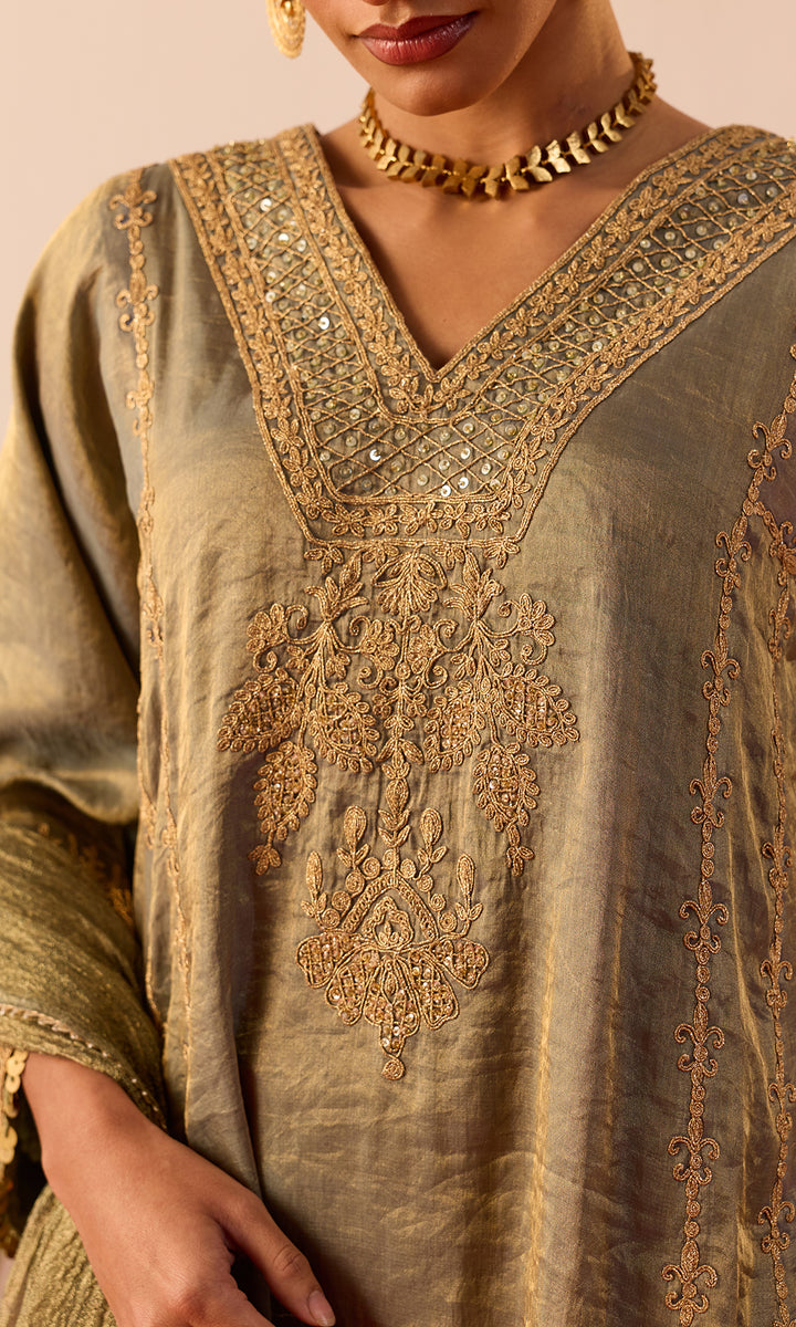 Shireen Set- Dusky Peach Tissue Kurta with a Dhoti and Dupatta (set of 3)