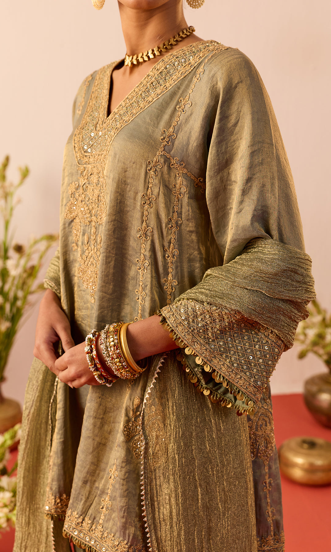 Shireen Set- Dusky Peach Tissue Kurta with a Dhoti and Dupatta (set of 3)