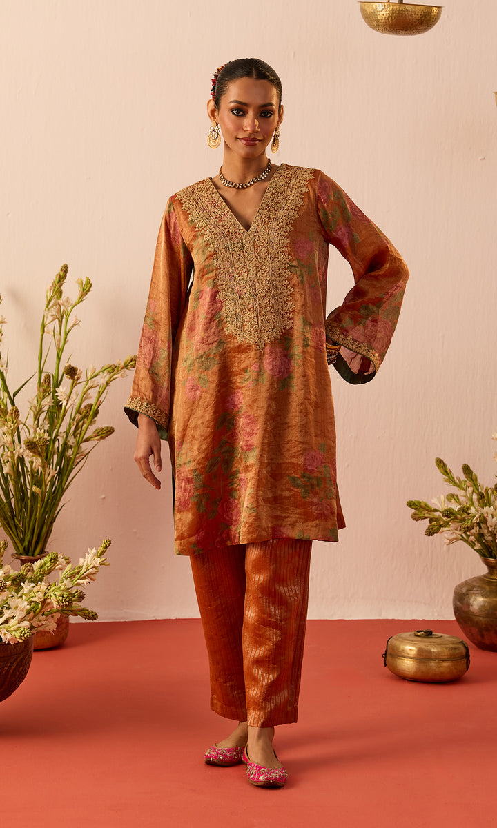 Ziba Set- Blue Printed Tissue Kurta with Pants and Dupatta (set of 3)