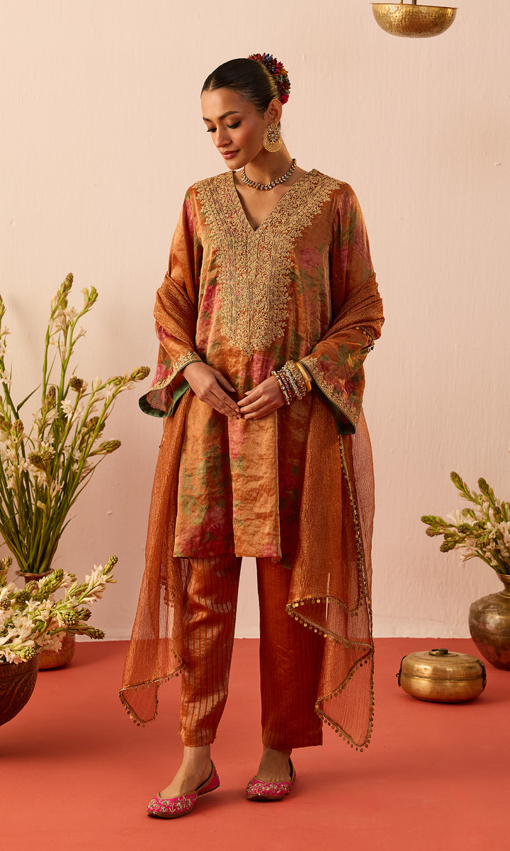 Ziba Set- Blue Printed Tissue Kurta with Pants and Dupatta (set of 3)