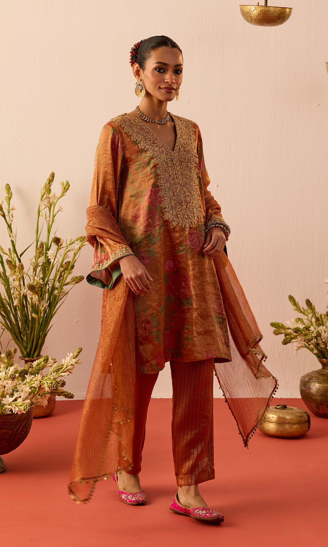 Ziba Set- Blue Printed Tissue Kurta with Pants and Dupatta (set of 3)